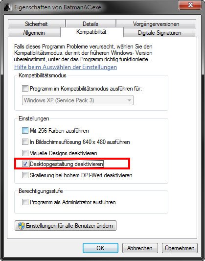 Windows: In den Eigenschaften bei "Kompatibilität" deaktiviert ihr die Desktopgestaltung.