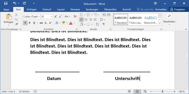 Word: Mit Unterstrichen könnt ihr ebenfalls Linien einfügen. (Bildquelle: GIGA)