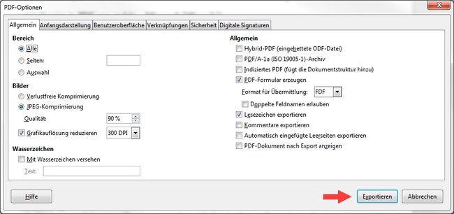 Libre Office PDF-Optionen