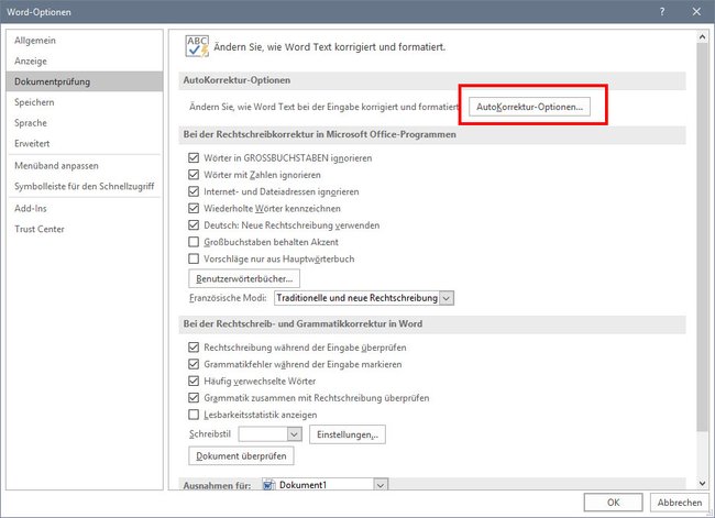 Word 2016: Hier öffnet ihr die Autokorrektur-Optionen.
