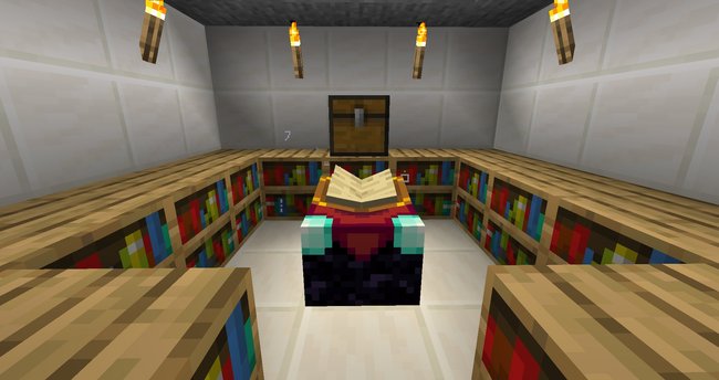 Platziert Bücherreagle rund um den Zaubertisch, um stärkere Verzauberungen zu wirken (Minecraft).
