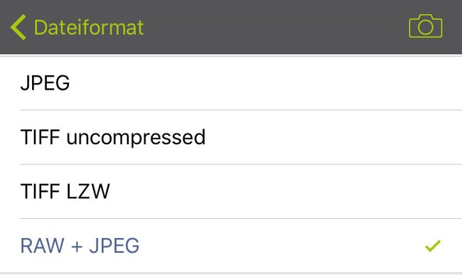 RAW-Formatauswahl in ProCamera