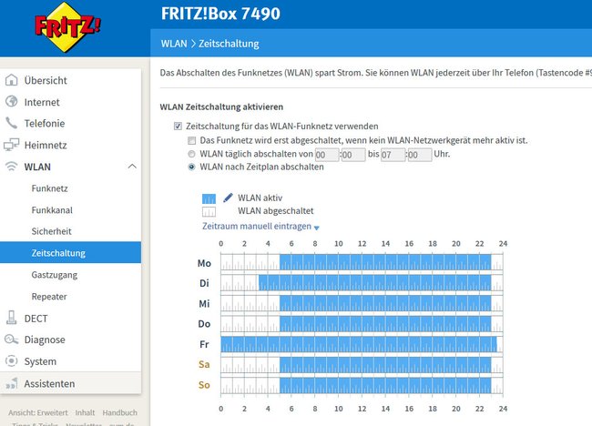 Hier könnt ihr einen Zeitplan erstellen, wann die Fritzbox das WLAN automatisch ausschaltet.