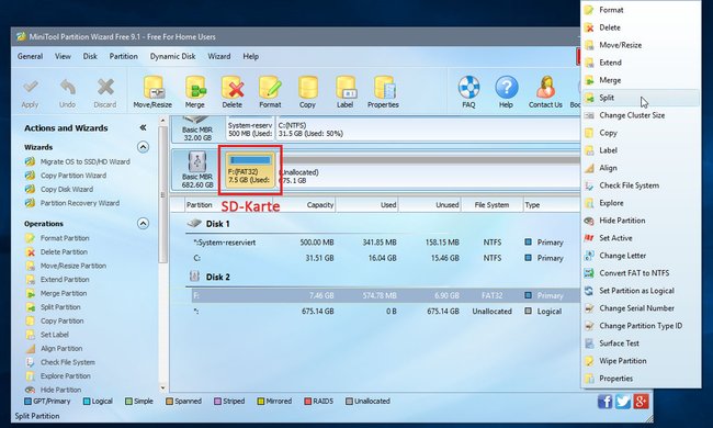 MiniTool Partition Wizard Free: Wählt die SD-Karte aus und die Funktion "Split".