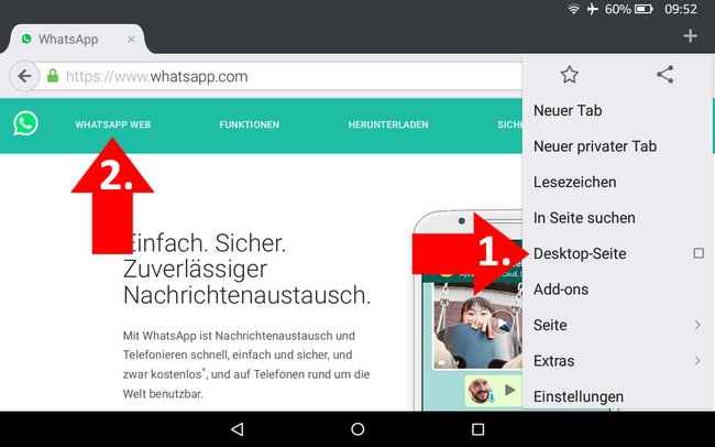 Wählt erst die Desktop-Ansicht aus, dann klickt ihr auf der Webseite auf „WhatsApp Web“