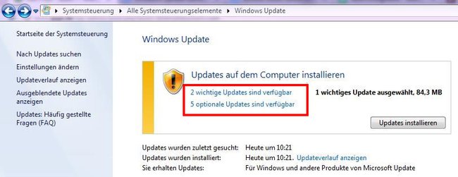 Windows 7: Hier könnt ihr zu installierende Updates aus- und abwählen.