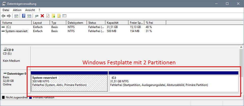 Datenträgerverwaltung: Die Windows-10-Festplatte hat zwei Partitionen.
