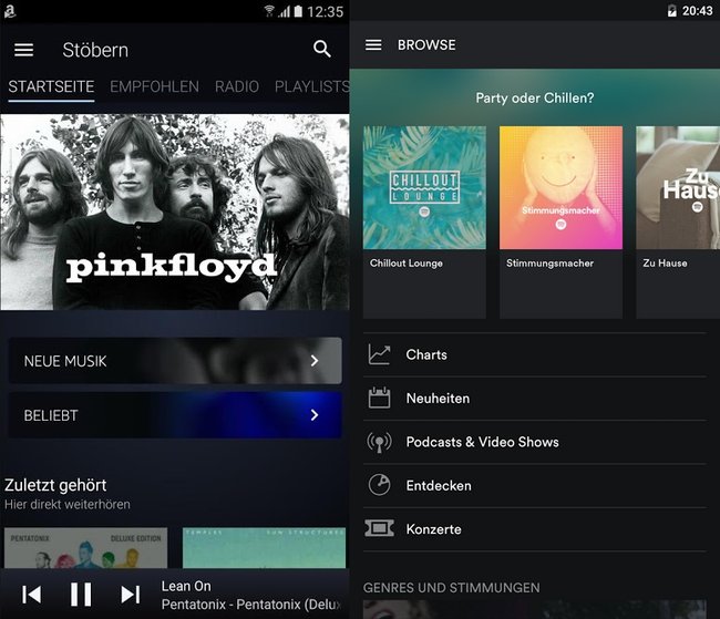 Amazon Music Unlimited (links) vs. Spotify Premium (rechts)