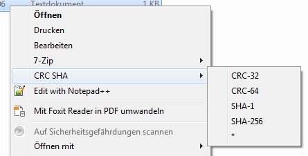 CRC SHA Kontextmenue