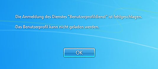 Windows 7: Die Fehlermeldung des defekten Benutzerprofils.