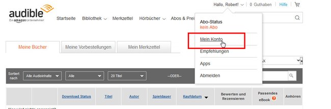 Audible: Hier öffnet ihr "Mein Konto".