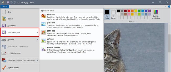 Windows Paint: Hier speichert ihr euer Bild schnell unter einem anderem Bildformat ab.