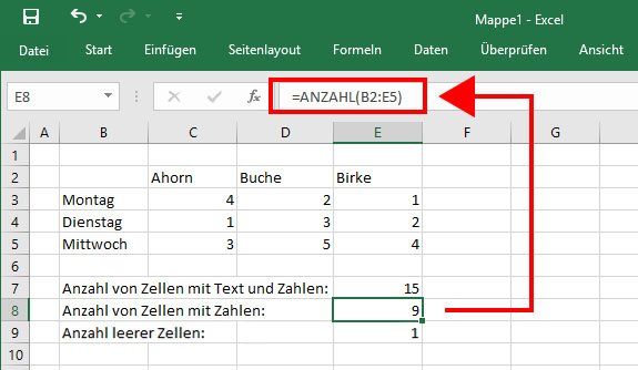 Excel gibt uns die Anzahl der Zellen mit Zahlen aus. Oben seht ihr die zugehörige Formel.