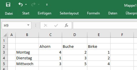 Excel-Beispiel: Wir wollen alle Zellen im Bereich B2 bis E5 zählen und in einer Zelle ausgeben.