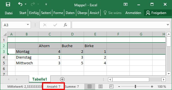 Zwei markierte Zeilen: Excel zeigt die Anzahl der Zellen, die Inhalt haben, unten an.