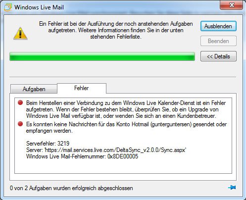 Fehler 3219 erscheint plötzlich, wenn ihr Windows Live Mail nutzt.