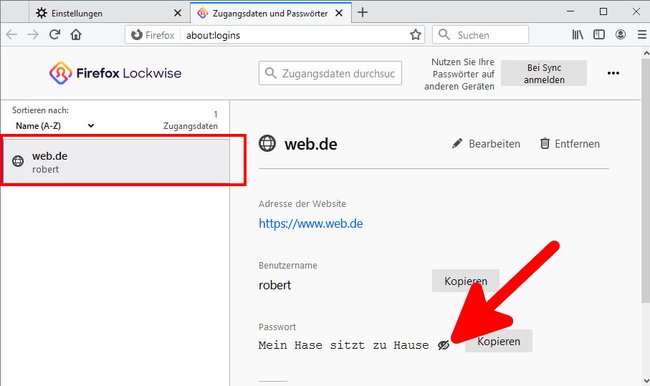 Hat Firefox euren E-Mail-Login gespeichert, könnt ihr hier das Passwort anzeigen lassen. Bild: GIGA