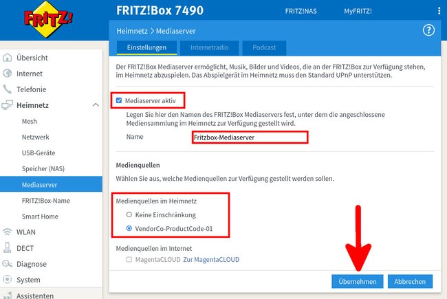 Hier richtet ihr den Fritzbox-Mediaserver ein. Bild: GIGA