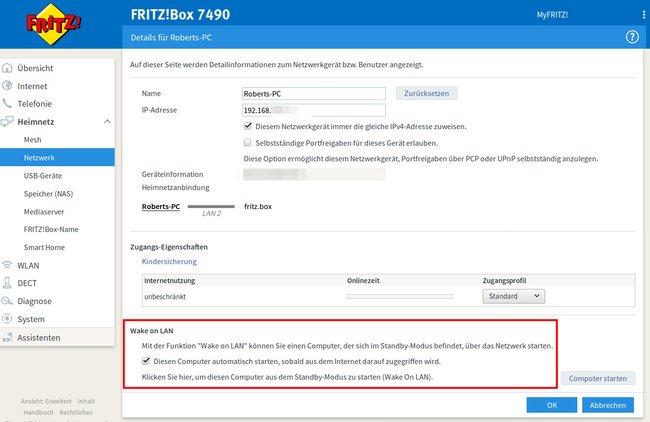 So stellt ihr WOL in der Fritzbox ein und startet darüber euren Computer. Bild: GIGA