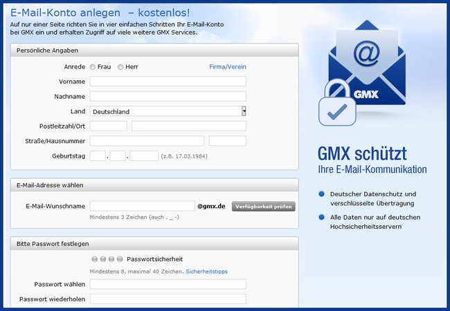 GMX: Gebt die Daten ein, um ein neues E-Mail-Konto zu erstellen.