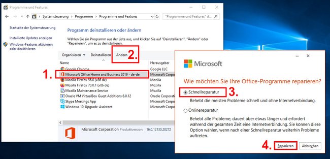 Hier startet ihr die Reparatur von Outlook. Bild: GIGA