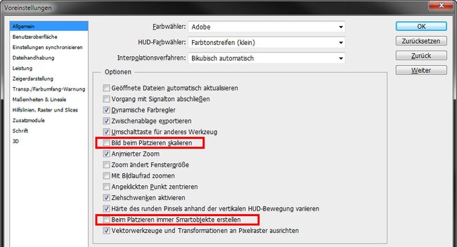 Photoshop: Hier könnt ihr die automatische Skalierung und Konvertierung in ein Smartobjekt deaktivieren.
