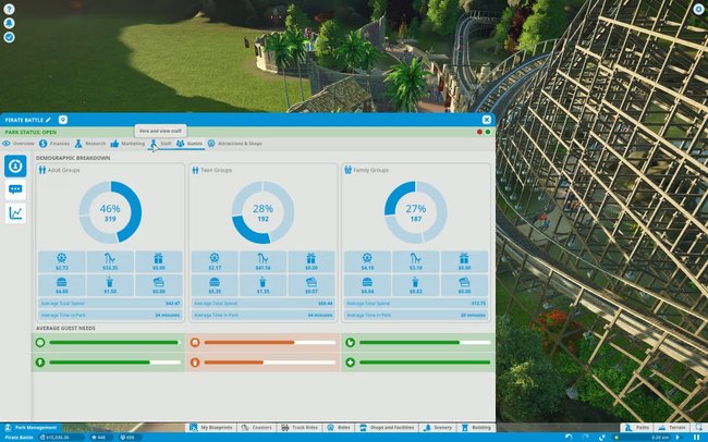 Die Zielgruppen-Ansicht zeigt euch, was sich eure Besucher wünschen. Sind sie durstig, braucht euer Park mehr Getränkeläden.