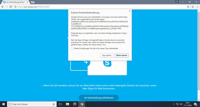 Externe Protokollanforderung: Gebt an, ob ihr die Skype-App starten wollt.
