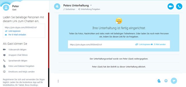 Die Skype-Konversation ist gestartet. Ihr benötigt nun den Link, um andere einzuladen.