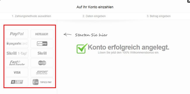 Tipico: Hier wählt ihr die EInzahlungsmethode aus. Rechts gebt ihr dann den Betrag ein.