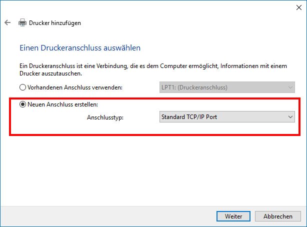Netzwerkdrucker einrichten: Wählt hier Standard TCP/IP Port aus.