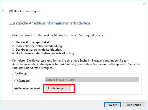 Wenn dieses Fenster erscheint, klickt auf "Benutzerdefiniert" und "Einstellungen".