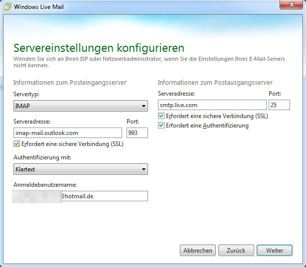 So sehen die richtigen Server-Einstellungen für Windows Live Mail aus.