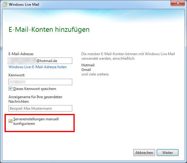 Setzt das Häkchen, um die Mail-Kontoeinstellungen selbst zu bestimmen.