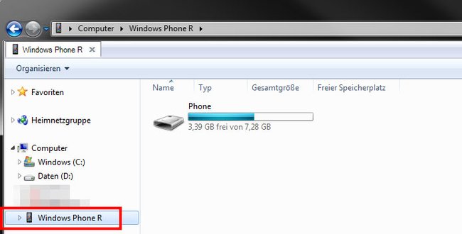 Windows-Arbeitsplatz: Über den Eintrag "Windows Phone R" konnten wir auf auf das Windows Phone zugreifen.