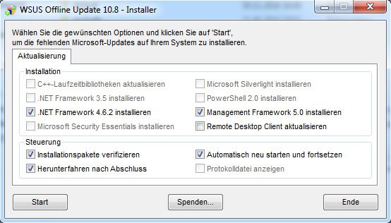 Wählt die Optionen zur Installation der Offline-Updates aus. Euer Dialog hat womöglich mehr Optionen.