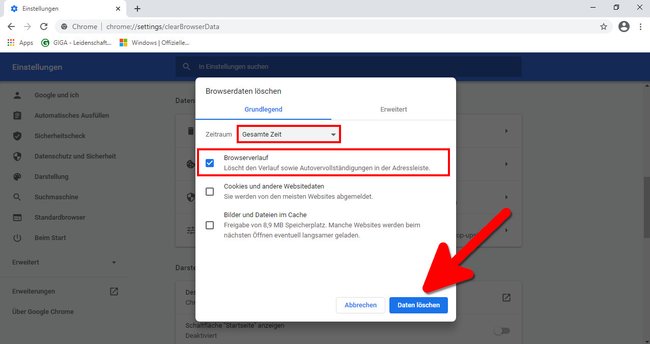 So löscht ihr den Browser-Verlauf in Google Chrome. Bild: GIGA