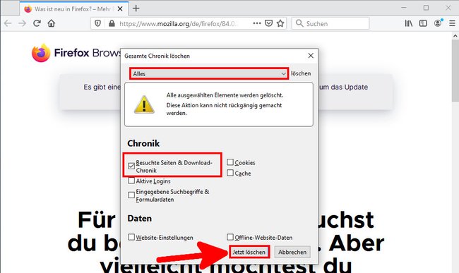 Hier löscht ihr den Browser-Verlauf in Firefox. Bild: GIGA