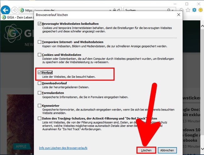 Hier löscht ihr den Browser-Verlauf im Internet Explorer. Bild: GIGA