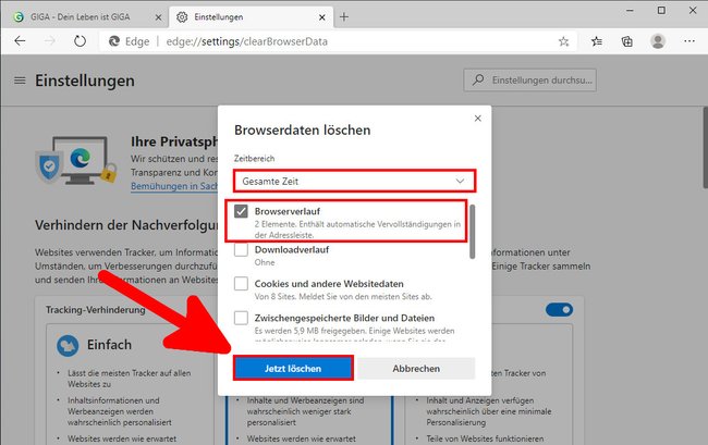 So löscht ihr den Browser-Verlauf in Microsoft Edge. Bild: GIGA