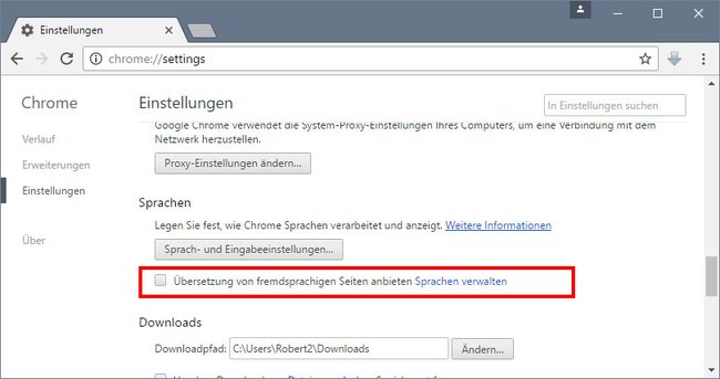 Hier könnt ihr die automatische Übersetzung in Chrome ausschalten.