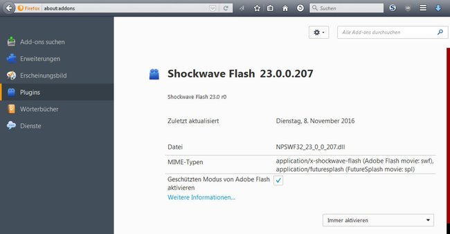 Firefox: Hier prüft ihr das Shockwave-Flash-Plugin, falls es nicht geladen werden konnte.