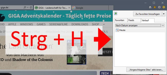 Mit Strg + H öffnet ihr den Verlauf am schnellsten.