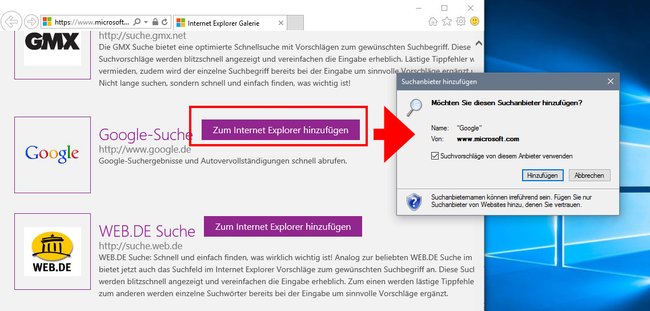 Internet Explorer: Google muss erst als Suchmaschine hinzugefügt werden.