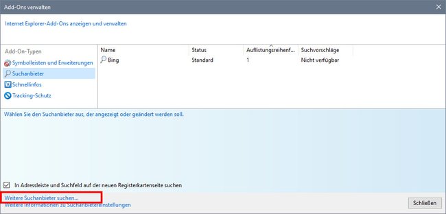 Internet Explorer: Klickt ihr, um weitere Suchanbieter hinzuzufügen.