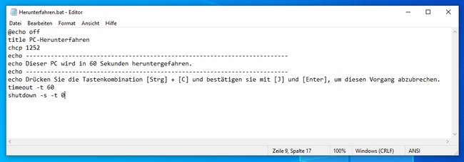 Unsere Beispiel-Batch-Datei fährt den PC in 60 Sekunden herunter. (Bildquelle: GIGA)
