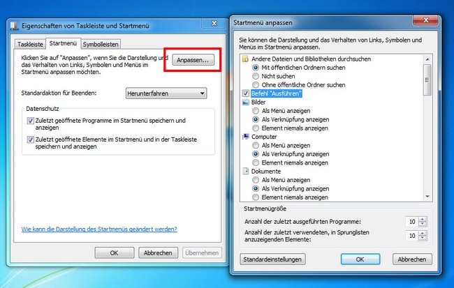 Hier aktiviert ihr den Ausführen-Befehl in Windows 7.