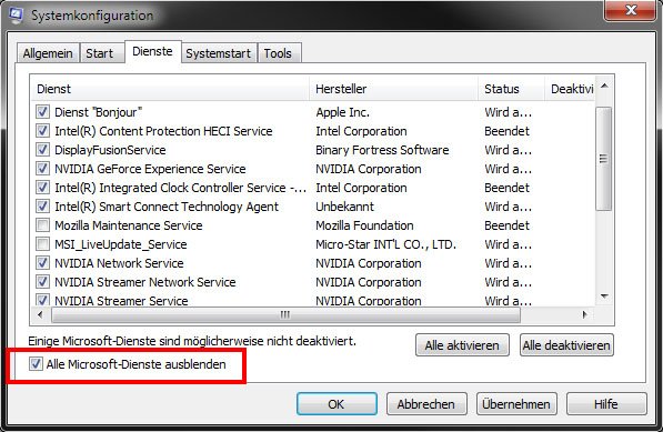 Windows 7: Hier könnt ihr unnötige Dienste deaktivieren. Aktiviert aber dieses Häkchen vorher.