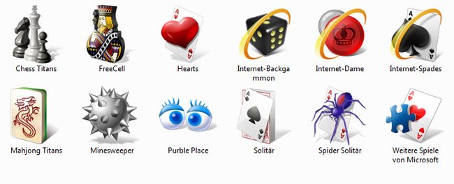 Die Klassiker wie Hearts, Minesweeper und Solitär findet ihr unter den Windows-7-Spielen.