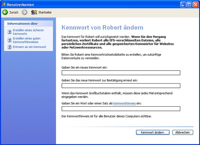 Hier ändert ihr in Windows XP das Kennwort. Das Alte müsst ihr dafür nicht wissen.